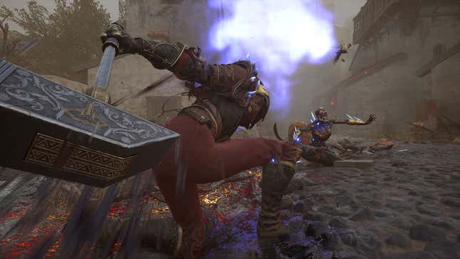 Nor strikes at an enemy with her hammer.