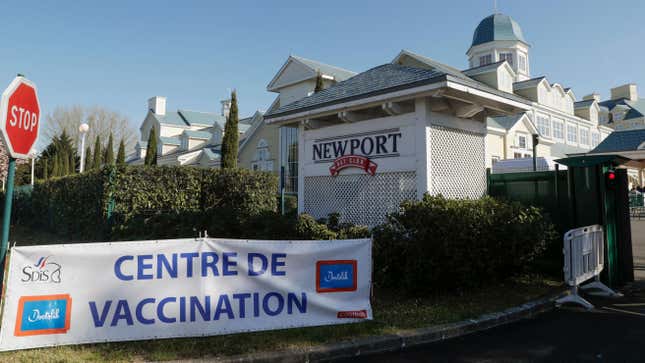 The entrance of a vaccination center against the coronavirus at Disneyland Paris in Coupvray on April 24, 2021. 