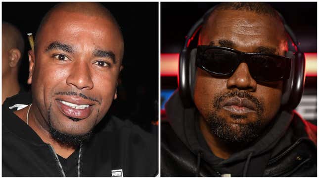 Rapper and Drink Champs co-host N.O.R.E., left; Kanye “Ye” West.