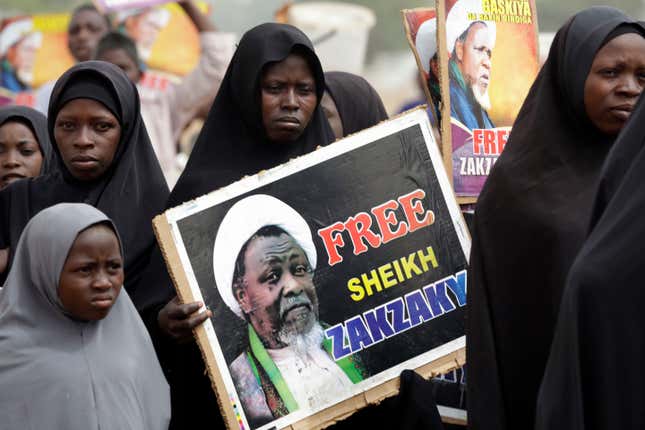 Nigerian Shiite Muslims demanding the release of leader Ibraheem Zakzaky in April 2016.