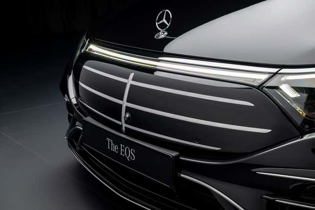 Front grill of a black 2025 Mercedes-Benz EQS