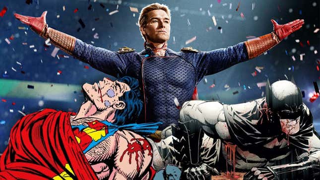 Homelander stands with his arms outstretched over an injured Superman and Batman.