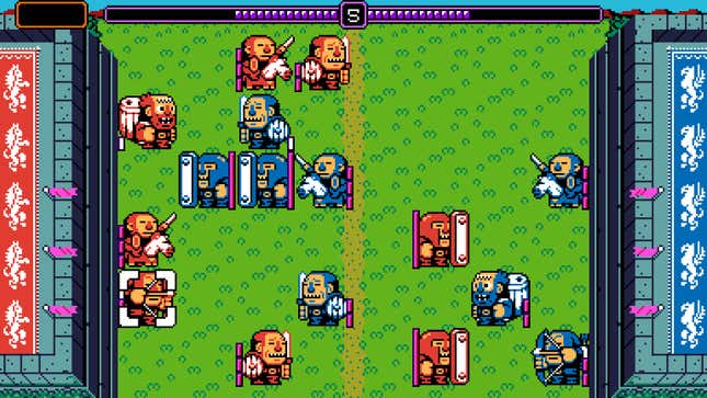 Cute, squat red and blue units in medieval battle garb face off in a screenshot from Attactics.