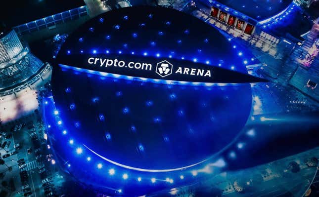 An overhead shot of the Staples Center has Crypto.com Arena added on it. 