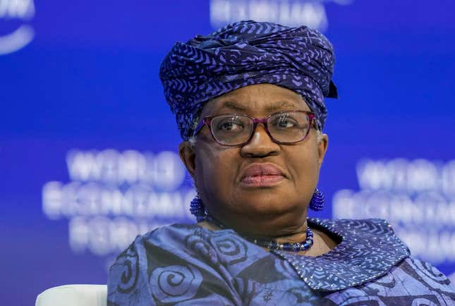 FILE - World Trade Organization Director-General Ngozi Okonjo-Iweala participates in a panel discussion at the World Economic Forum Annual Meeting in Davos, Switzerland, Wednesday, January 17, 2024. The head of the World Trade Organization argued that: The policy remains relevant as Donald Trump, who as president of the United States circumvented the rules by imposing tariffs on America's friends and foes alike, is running for the White House again, making it clear who is in power and when. Even if we focus on reform.  (AP Photo/Markus Schreiber, File)