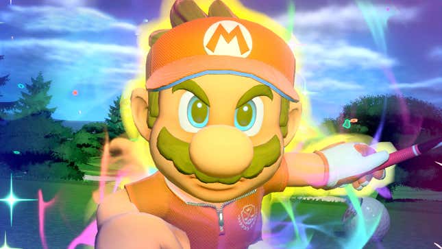 Mario stares at the screen with a furrowed brow in 2021's Nintendo Switch exclusive sports game Mario Golf: Super Rush.