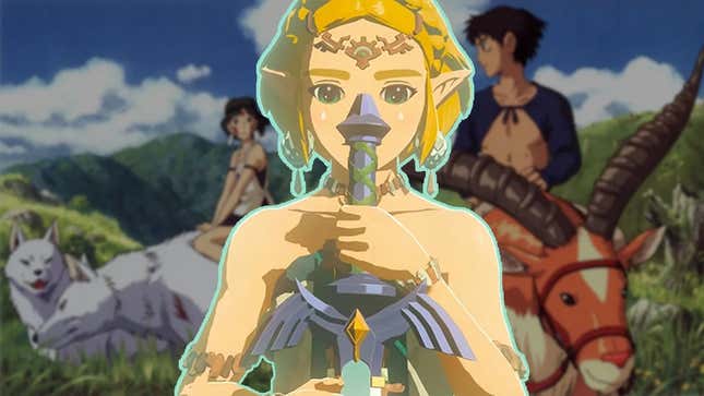 Zelda stands in front of Princess Mononoke characters. 