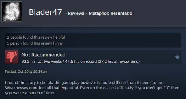 A screenshot shows a Steam review for Metaphor: ReFantazio.