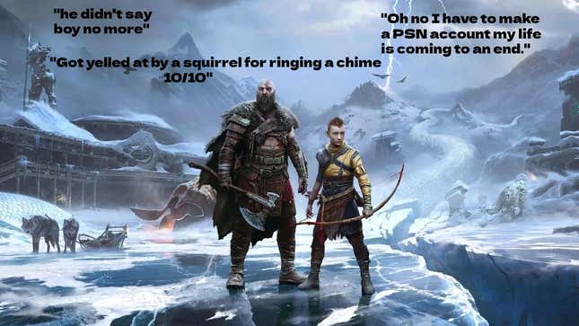 The artwork for God of War Ragnarok shows Kratos and his son Atreus standing in the middle of a frozen lake, brandishing weapons. Steam comments impose themselves on the images around them. 