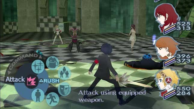 Persona 3 combat screenshot with Protagonist standing center screen and revolver style combat UI in bottom left