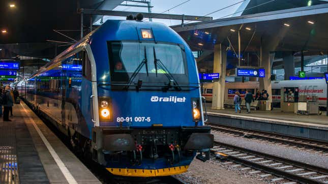 OBB airport train Rail jet at Vienna Central station Hauptbanhauf, Austria. 
