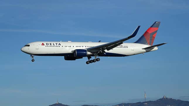 Boeing 767-332(ER), from Delta Air Lines company, landing at Barcelona airport, in Barcelona on 10th January 2023.