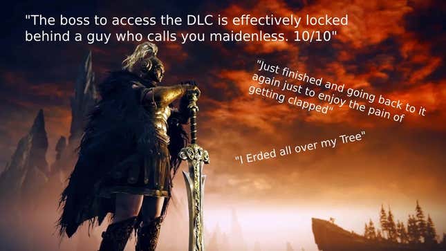 Une capture d'écran d'un guerrier dans Shadow of the Erdtree tenant son épée.  Le texte qui les entoure est constitué d'extraits de critiques Steam.