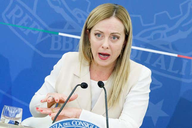 Italian Premier Giorgia Meloni speaks during a press conference at the end of the Council of ministers in Rome, Italy, Monday Oct. 16, 2023. Italy’s far-right-led government on Monday approved the 2024 budget that aims to bolster public health services, encourage families to have more children and put more money in the pockets of low-and-medium wage earners. (Roberto Monaldo/LaPresse via AP)