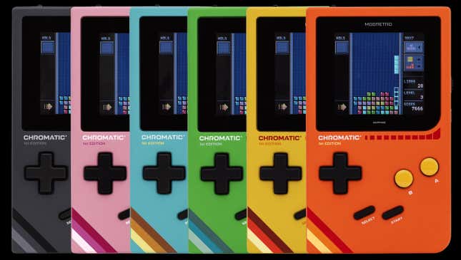 Chromatic Game Boy handhelds are displayed in a line. 