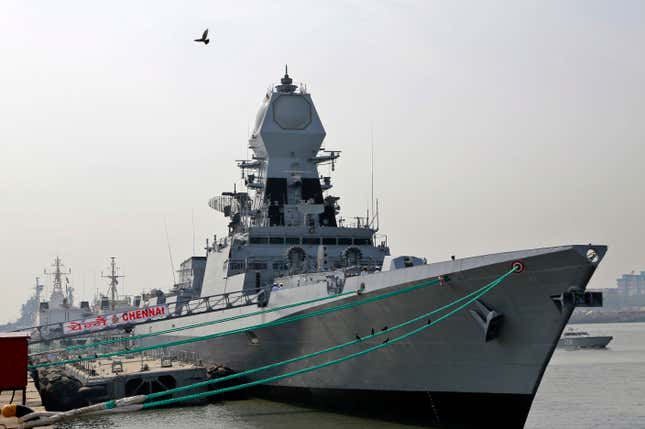 FILE- INS Chennai, a Kolkata class destroyer, is moored at a jetty in Mumbai, India, Friday, Nov. 18, 2016. The Indian navy said on Friday, Jan. 5, 2023, that it has deployed the ship and a patrol aircraft in the Arabian Sea following a hijacking attempt onboard a Liberia-flagged bulk carrier. (AP Photo/Rajanish Kakade, File)