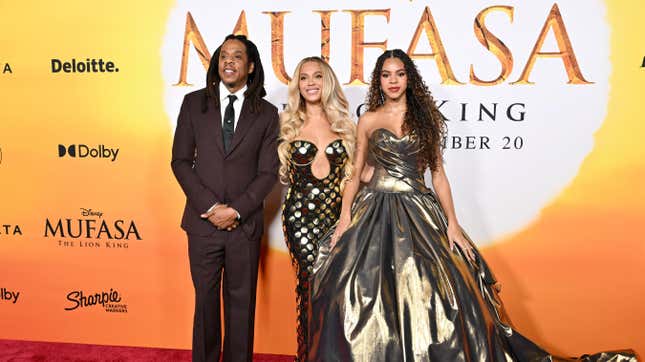 Jay-Z, left; Beyoncé and Blue Ivy Carter attend the Los Angeles Premiere of Disney’s “Mufasa: The Lion King” at Dolby Theatre on December 09, 2024 in Hollywood, California.