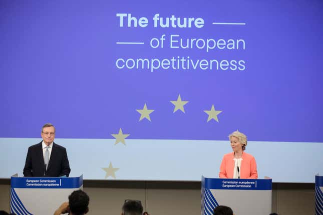 Former European Central Bank President Mario Draghi, left, and European Commission President Ursula von der Leyen, right, last September in Brussels.