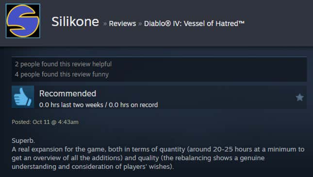 Image for article titled Diablo 4: Vessel Of Hatred, As Told By Steam Reviews