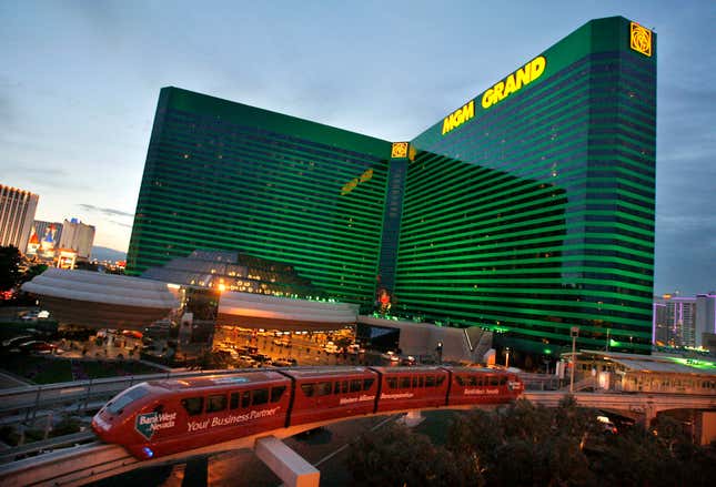 FILE - The Las Vegas Monorail passes by MGM Grand, April, 27, 2006, in Las Vegas. A “cybersecurity issue” led to the shutdown of some casino and hotel computer systems at MGM Resorts International properties across the U.S., a company official reported Monday, Sept. 11, 2023. (AP Photo/Jae C. Hong, File)