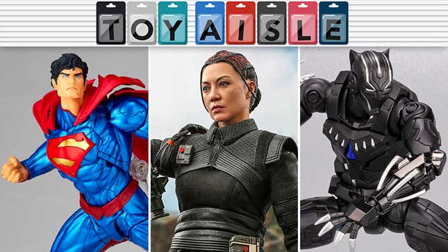 Kaiyodo's Amazing Yamaguchi New 52 Superman, Hot Toys' Book of Boba Fett Fennec Shand, and Sentinel's Fighting Armor Black Panther.
