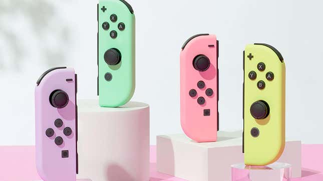 Pastel colored Joy-Con sit on display. 