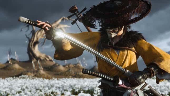 A samurai holds a sword. 