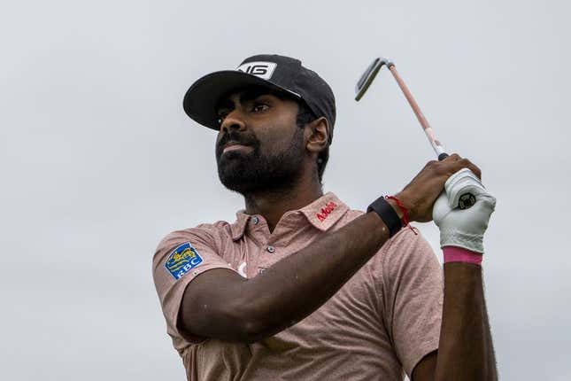 July 18, 2023; Hoylake, ENGLAND, GBR; Sahith Theegala hits his tee shot on the fifth hole during a practice round of The Open Championship golf tournament at Royal Liverpool.