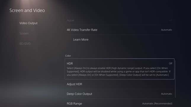 A screenshot of the PS5's menus shows HDR settings.