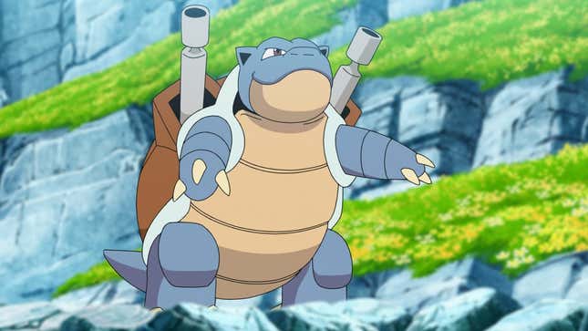 Blastoise se encuentra junto a una ladera de montaña cubierta de hierba.