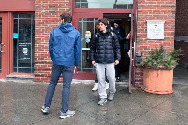 Dartmouth basketball players, including Cade Haskins, left, and Romeo Myrthil leave after voting in Hanover, N.H., Tuesday, March 5, 2024. The Dartmouth men&#39;s basketball team has voted to unionize, taking an unprecedented step toward forming the first-ever labor union for college athletes. (AP Photo/Jimmy Golen)