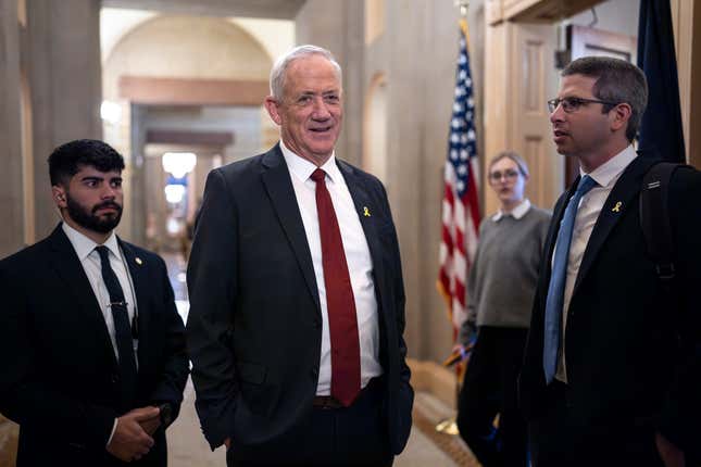 Benny Gantz, a key member of Israel&#39;s War Cabinet and the top political rival of Israeli Prime Minister Benjamin Netanyahu, leaves a meeting in the office of Senate Minority Leader Mitch McConnell, R-Ky., at the Capitol in Washington, Monday, March 4, 2024. Gantz also met earlier with Vice President Kamala Harris and other top White House officials. (AP Photo/J. Scott Applewhite)