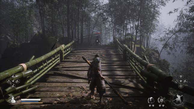 The player character stands on a bridge looking toward a figure on the other side with a red health bar over their head.