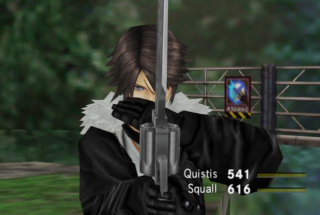 Squall holds up his gunblade to prepare for an attack.