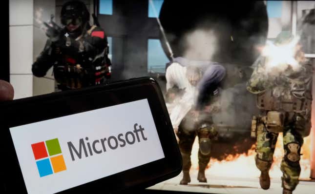 FILE - The logo for Microsoft, and a scene from Activision &quot;Call of Duty - Modern Warfare,&quot; are shown in this photo, in New York, Wednesday, June 21, 2023. Microsoft reports earnings on Tuesday, Oct. 24, 2023. (AP Photo/Richard Drew, File)