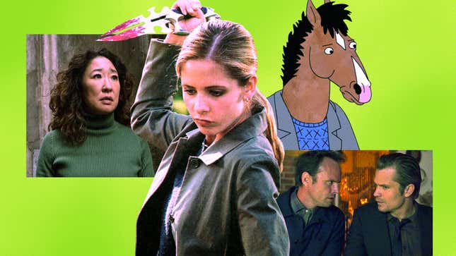 Clockwise, from left: Sandra Oh in Killing Eve, Sarah Michelle Gellar in Buffy The Vampire Slayer, BoJack Horseman, and Walton Goggins and Timothy Olyphant in Justified