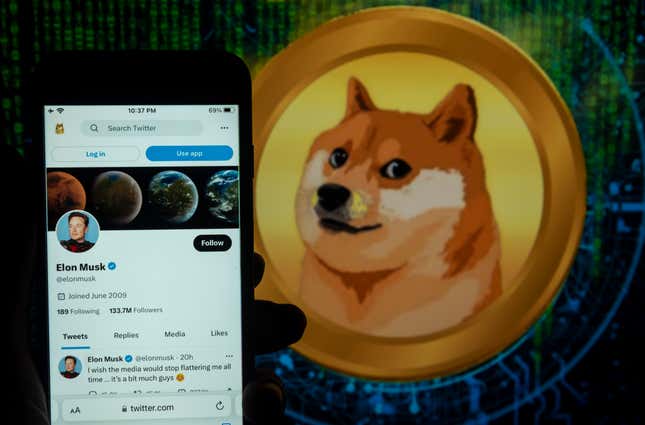 Someone holds up Elon Musk's X (Twitter) profile in front of a dogecoin image