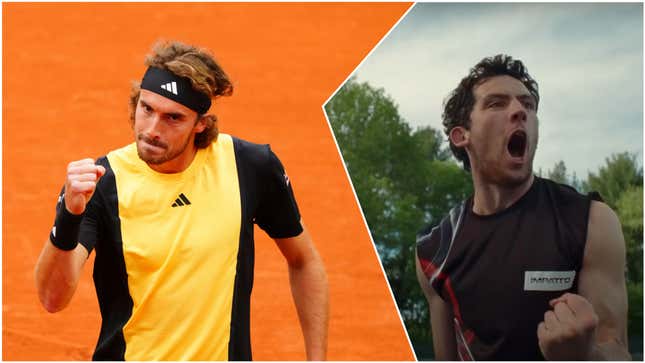 Stefanos Tsitsipas celebrating at the French Open; Josh O’Connor celebrating in Challengers