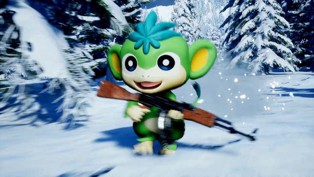 A Palworld Pal walks through a snow-covered forest with an assault rifle-style gun in hand.