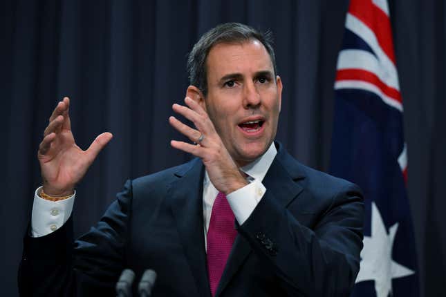 Australian Treasurer Jim Chalmers speaks to the media during a press conference at Parliament House in Canberra, Friday, Sept. 22, 2023. Australia’s government reported Friday that it had a budget surplus of 22.1 billion Australian dollars ($14.2 billion) in the last fiscal year, the first time the nation’s books have been balanced in 15 years. (Lukas Coch/AAP Image via AP)