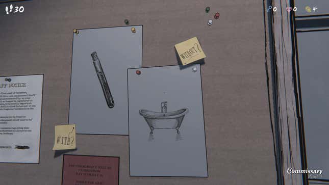 A screenshot of Blue Prince. Notes and pictures are pinned to a board.
