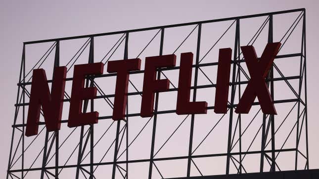 The Netflix logo is displayed at its corporate offices in Los Angeles, California