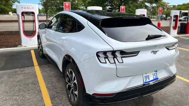 Ford Mustang Mach-E at a Tesla Supercharger