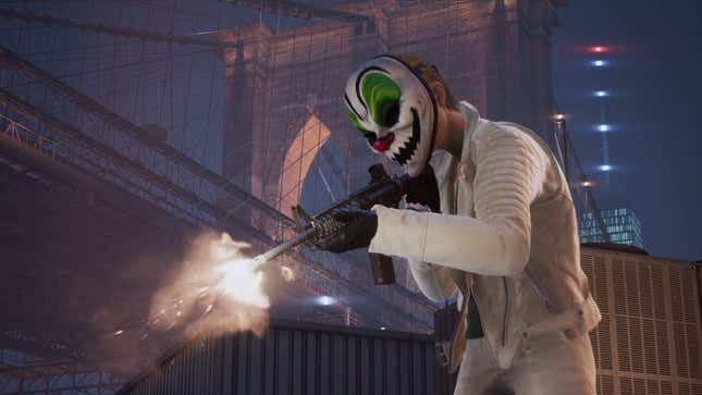 A clown-masked criminal fires a large gun.