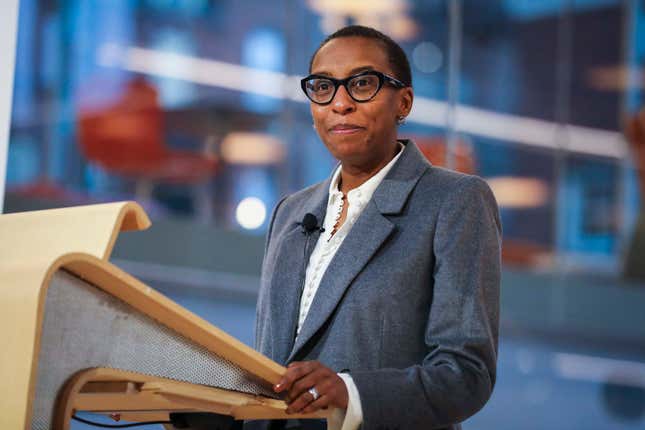 Cambridge, MA - December 15: Claudine Gay speaks to the crowd after being named Harvard Universitys next president. Harvard University on Thursday named Gay as its next president in a historic move that will give the nations oldest college its first Black leader.