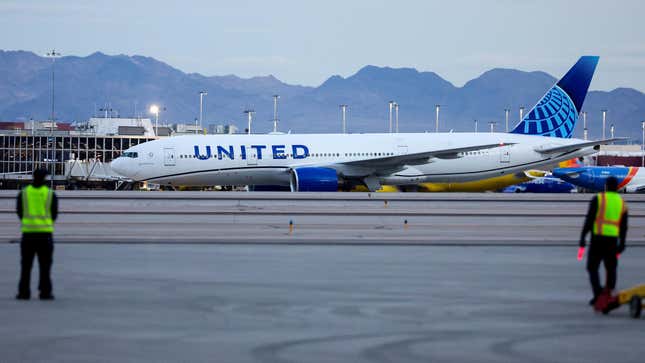 A United Airlines plane carrying the Kansas City Chiefs taxis after arriving for Super Bowl LVIII at Harry Reid International Airport on February 04, 2024 in Las Vegas, Nevada. The game will be played between the Chiefs and the San Francisco 49ers on February 11, 2024, at Allegiant Stadium in Las Vegas.
