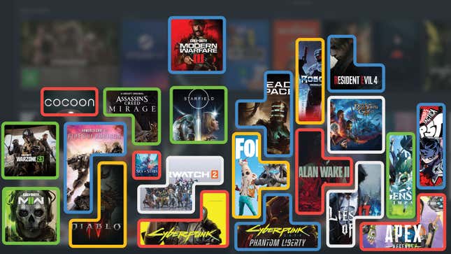 An image shows video game covers rearranged like a game of Tetris.
