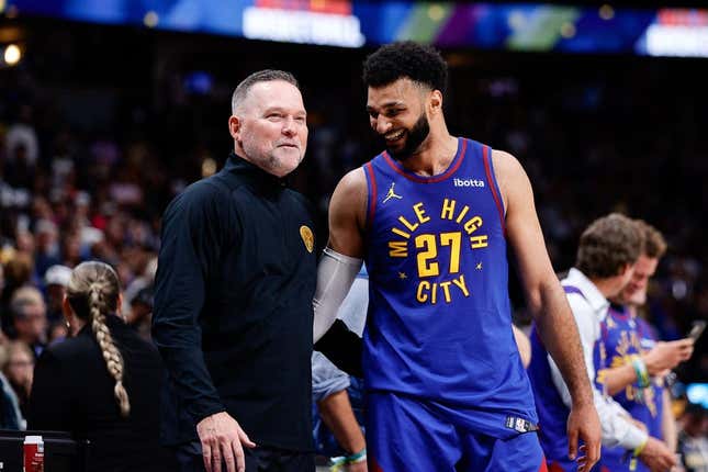 Oct 24, 2023; Denver, Colorado, USA; Denver Nuggets head coach Michael Malone and guard Jamal Murray (27) in the fourth quarter against the Los Angeles Lakers at Ball Arena.