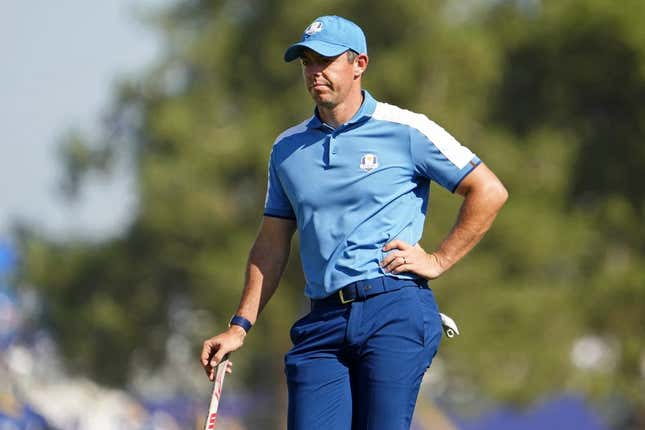 Sep 29, 2023; Rome, ITA; Team Europe golfer Rory McIlroy lines up a putt on the seventh hole during day one fourballs round for the 44th Ryder Cup golf competition at Marco Simone Golf and Country Club.