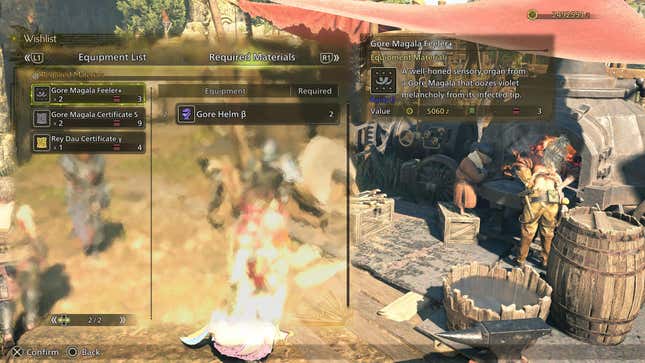 The required Materials tab of the Wishlist menu, highlighting a Gore Magala Feeler+ necessary for a Gore Helm.